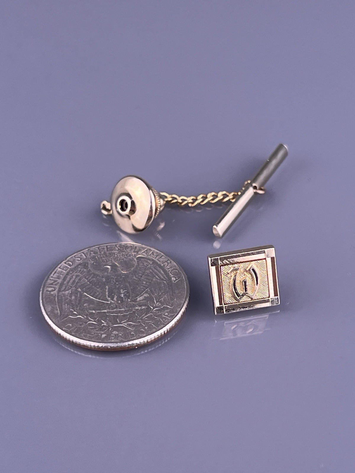 W Initial Tie Tack Lapel Pin Gold Tone Monogram Old English Font Swank Vintage