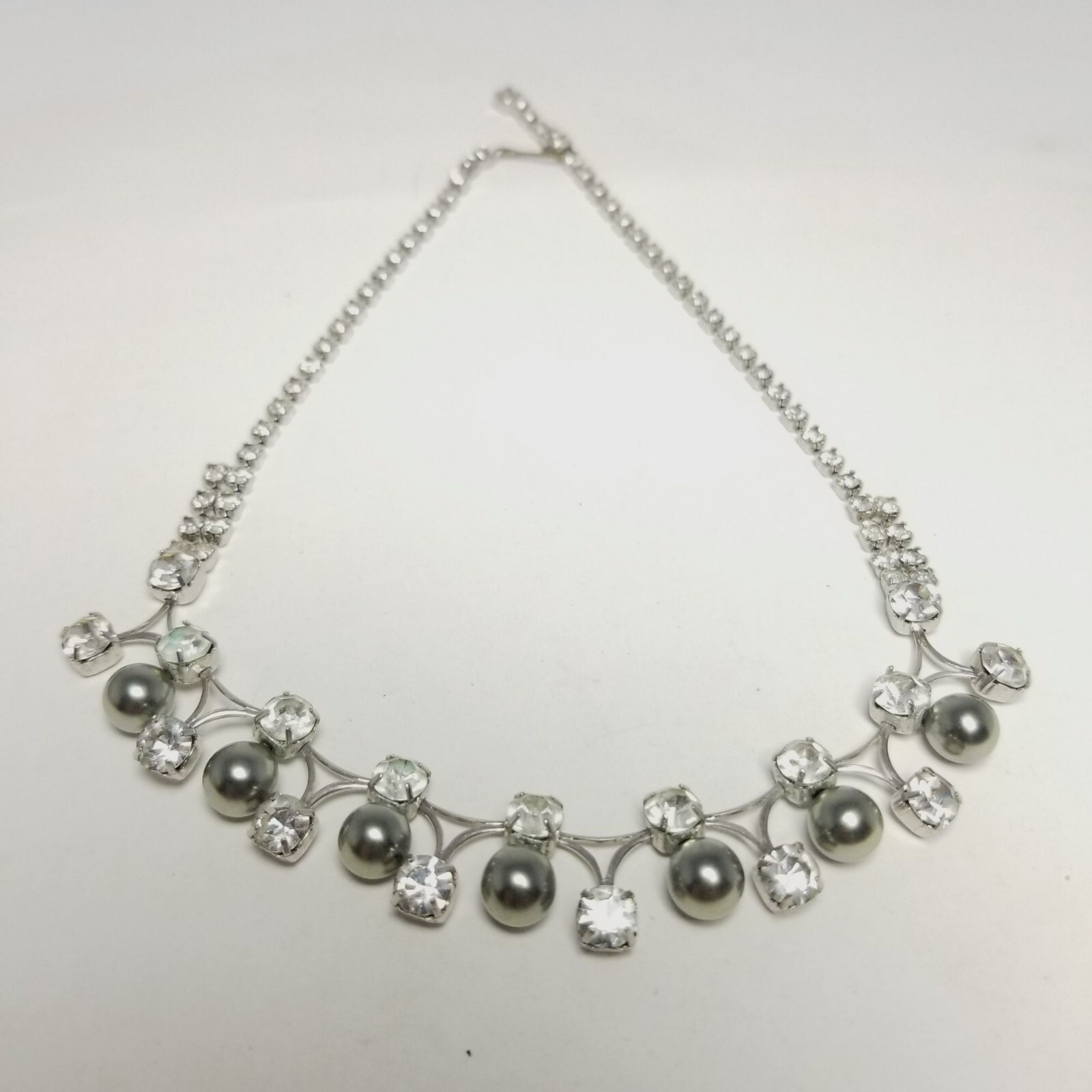 Vintage Silver Tone Rhinestone and Faux Gray Pearl Collar Necklace, Adjustable