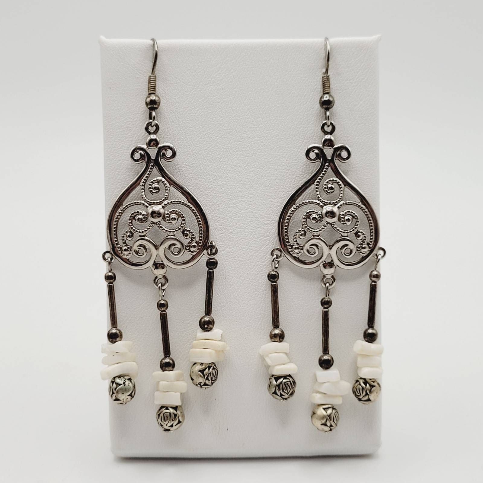 Southwestern Style Chandelier Silver Tone White Howlite Bead Pierced Earrings
