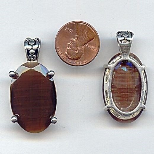 VINTAGE BROWN GLASS CAT’S EYE ANTIQUE SILVER OVAL 39x20mm PRONG DECO PENDANT BR2