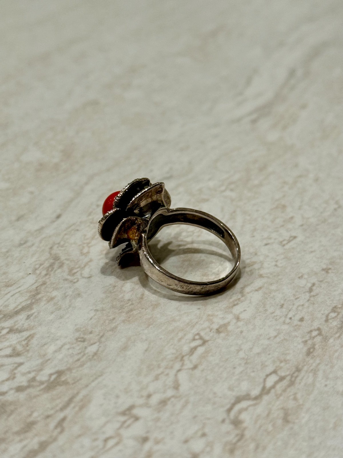 VTG Flower Ring Size 8 Sterling Silver Rose Red Coral Marcasite Gem Cocktail