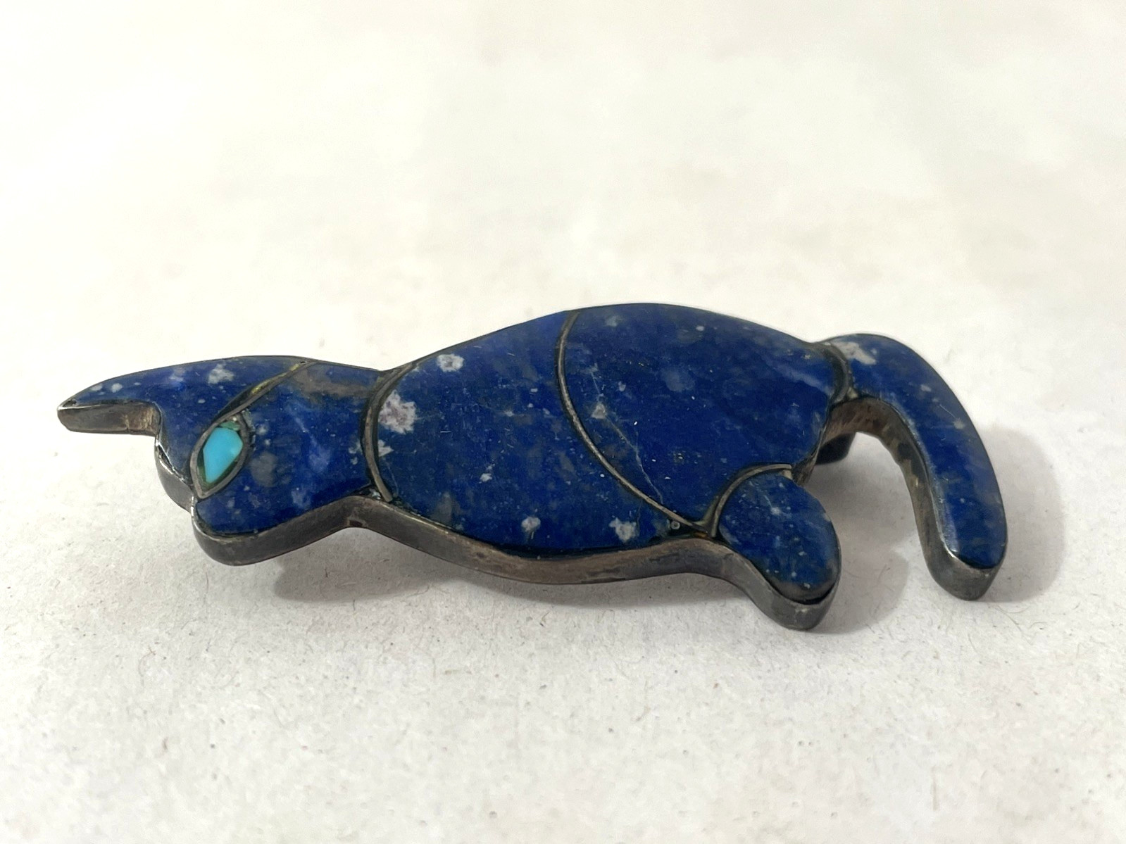 Vintage 980 Silver Lapis Lazuli & Turquoise Cat Brooch 2″ Inlay Cute