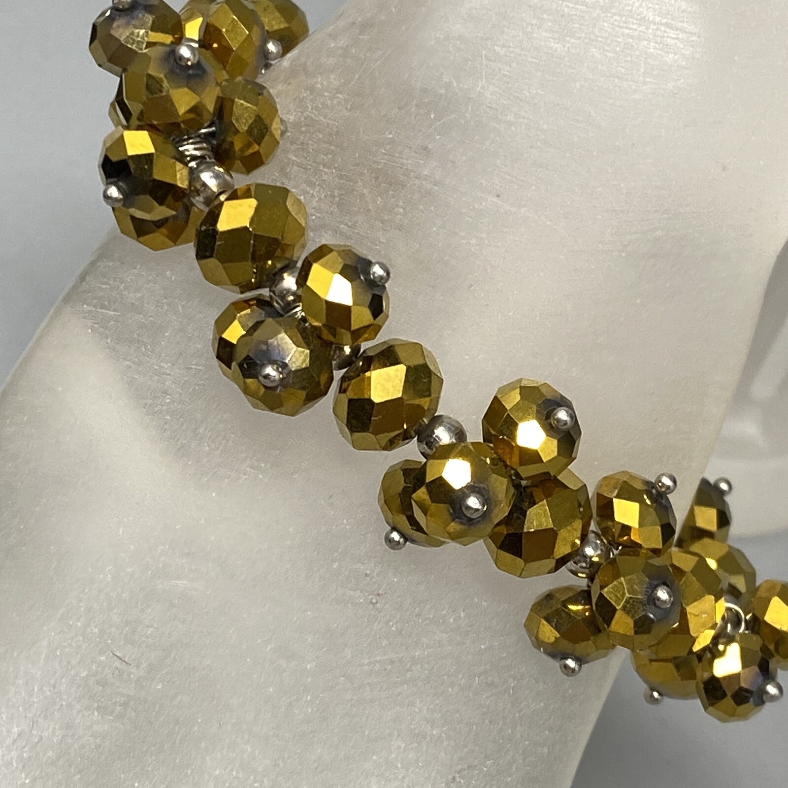 Stretch Bead Bracelet Gold Faceted Glass Cluster Fire Polished Iridescent 6.75″