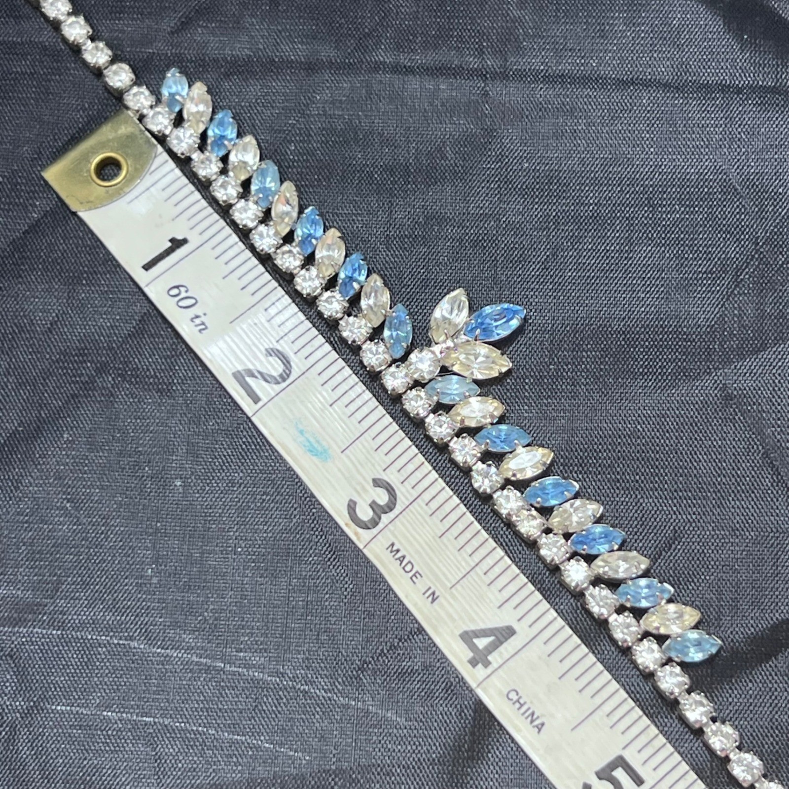 Vintage Blue Yellow Rhinestone Choker Necklace Silver Tone Marquise Bib 16.5in