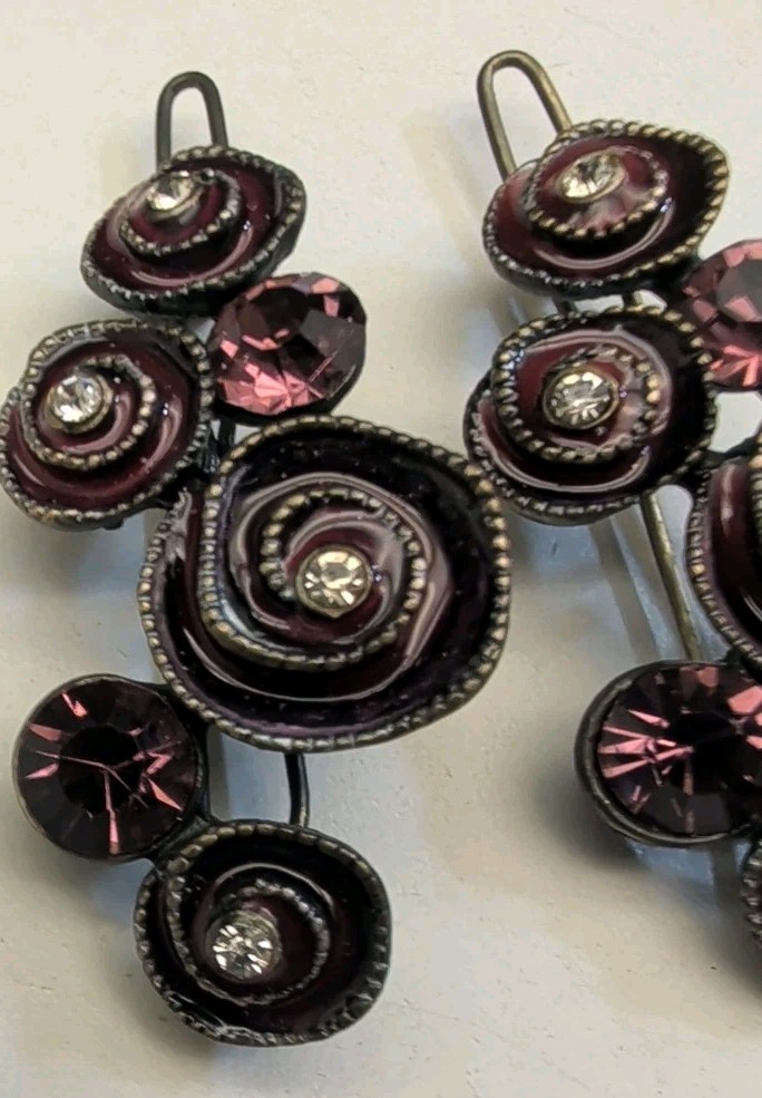 Vtg Style Floral Bobby Pins Hair Slides Black Gunmetal Purple Rhinestone Rose