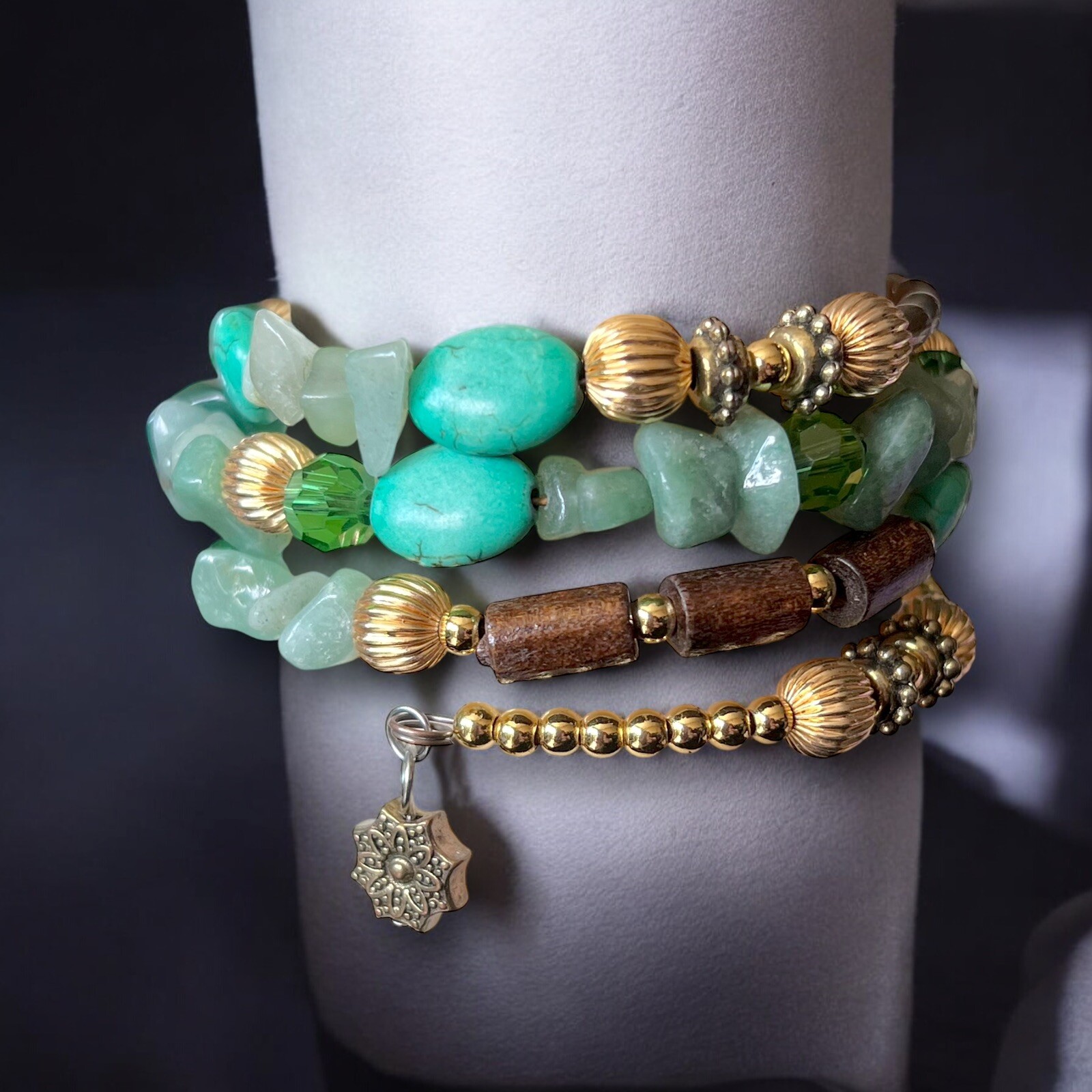 Boho Gemstone Beaded Bracelet Multi-Strand Wrap Wood Turquoise Gold Vintage