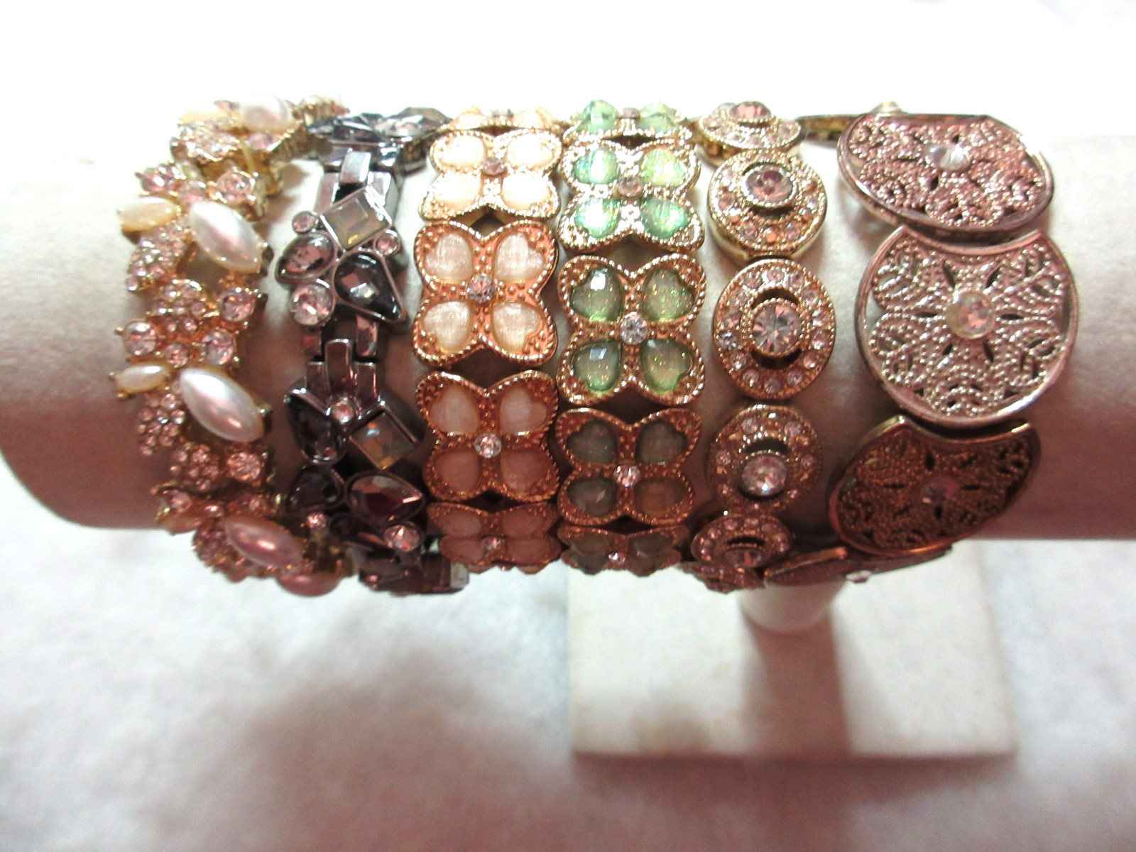 6 Older Rhinestone Bracelets Stretch Mostl Gold Tone 7.5″ Pink Green Gray Pearl