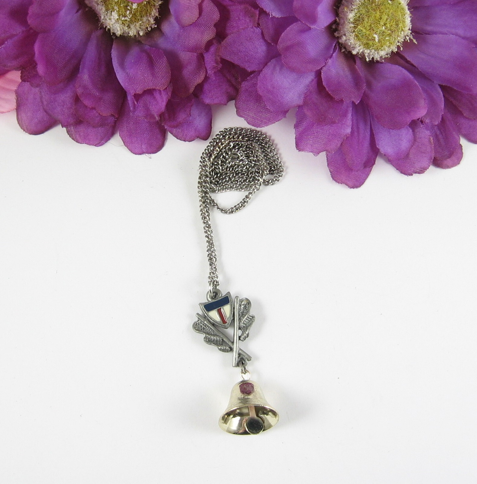 Red White Blue Enamel SHIELD Pewter Pendant Vintage Necklace Silvertone BELL ART