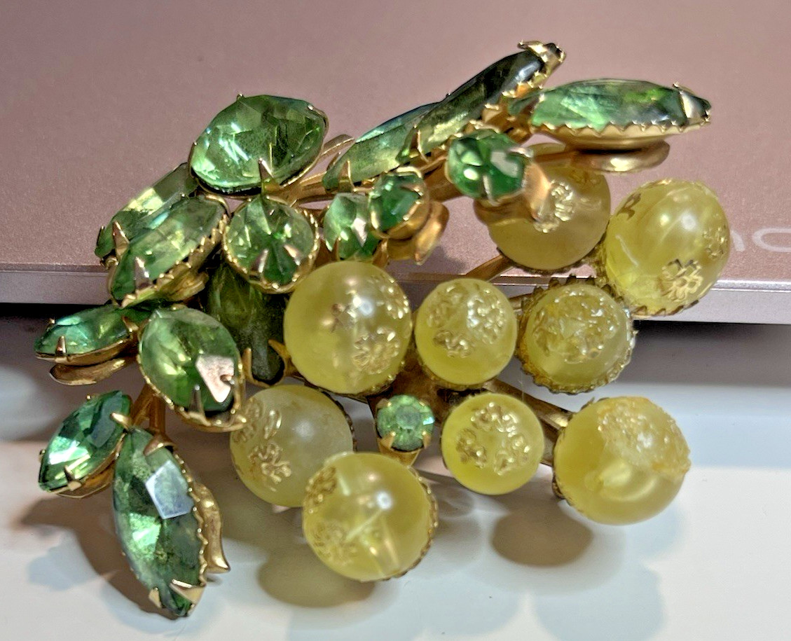 Vintage Green Grapes Goldtone Brooch with Uranium Stone