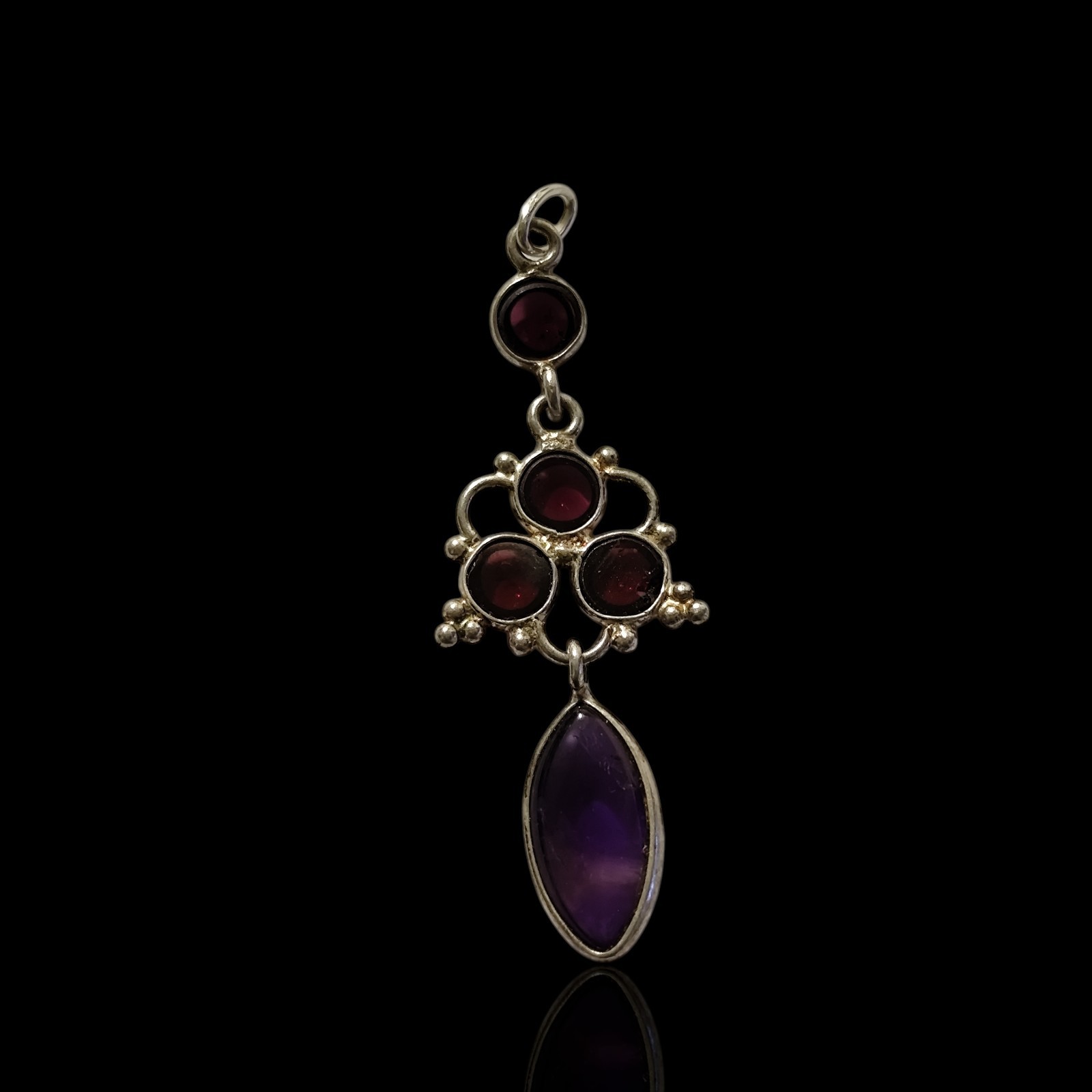 Vintage Sterling Silver Bezel Set Red Garnet And Purple Fluorite Pendant