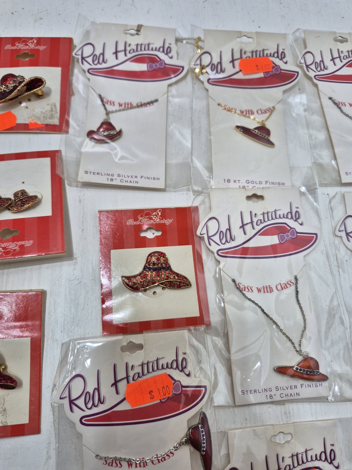 Lot Vintage Red Hat Society Brooch Pin Necklace Earrings Bracelets NOS Jewelry