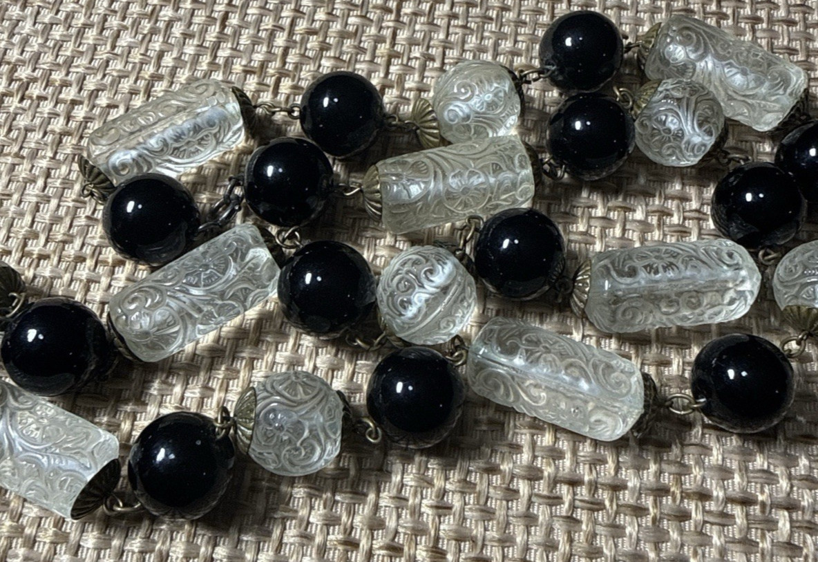 Vtg Molded Pressed Glass Bead Necklace Embossed Floral Art Deco Black Clear