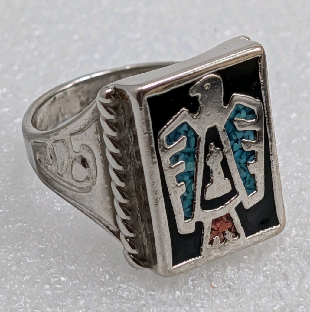 Vintage Silver Plated Native American Thunderbird Stone Chip Inlay Ring Sz 9.75