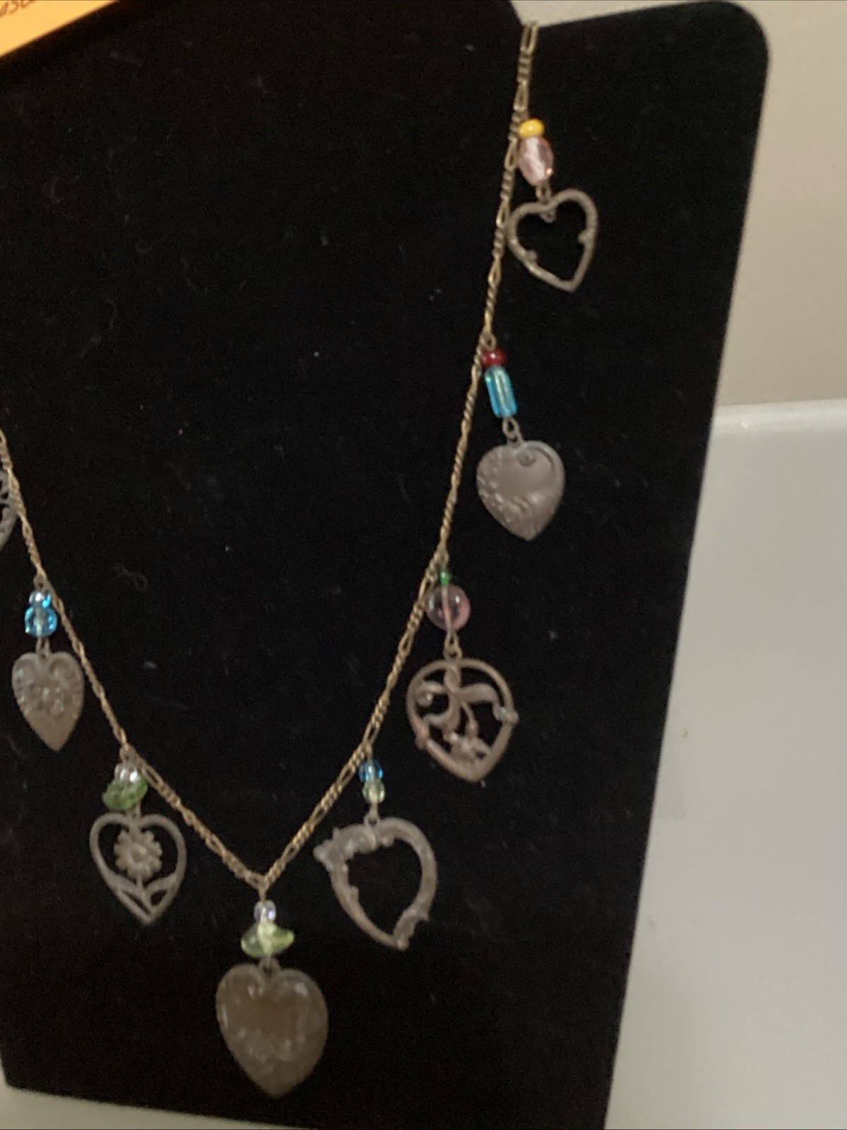 VTG Glass Works Studio G.W.S Signed Multi Color Glass Hearts Charm Long Necklace