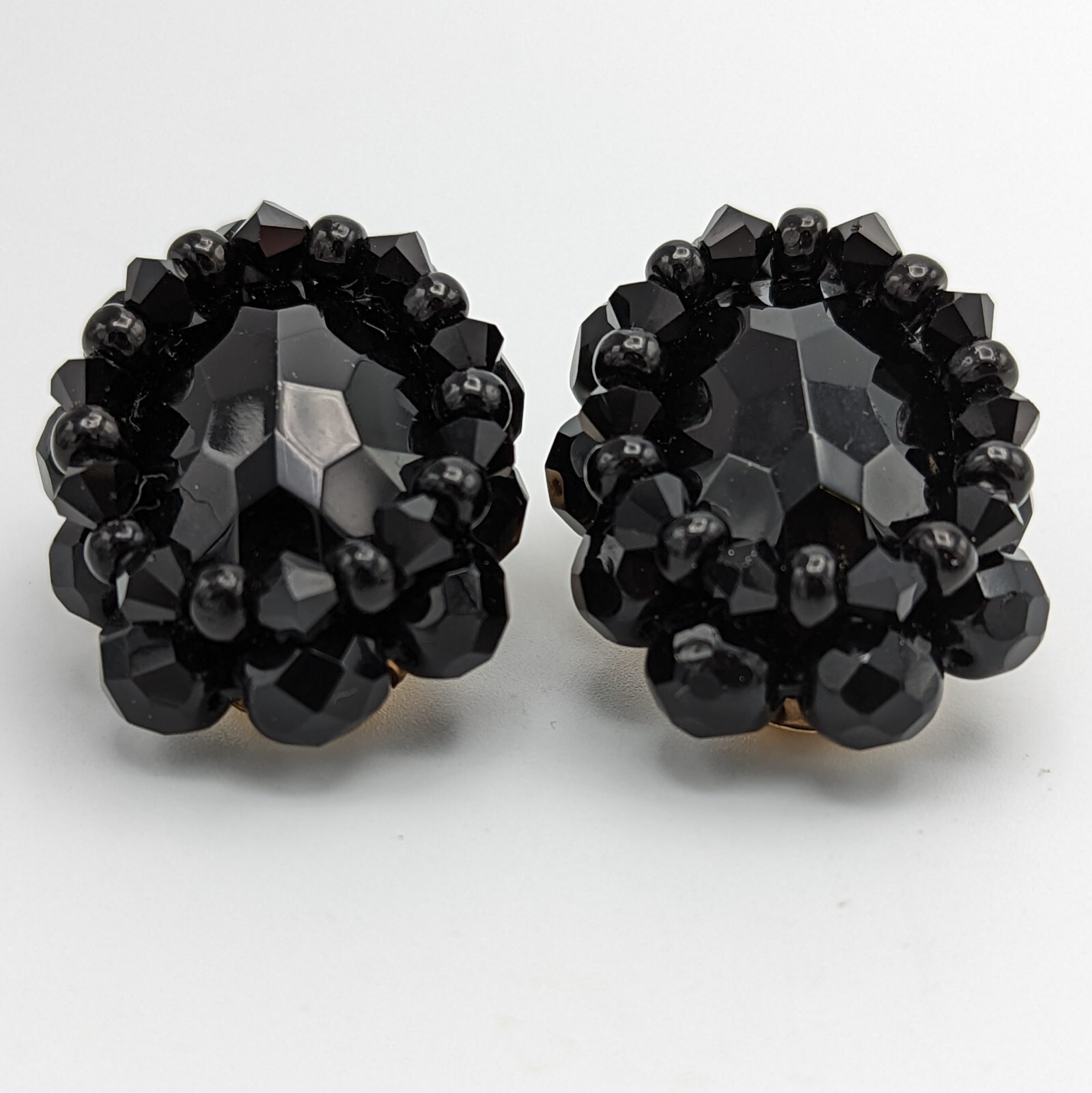 Fazio Black Glass Rhinestone Bead Clip On Earrings 1990s Oval Gold Plated