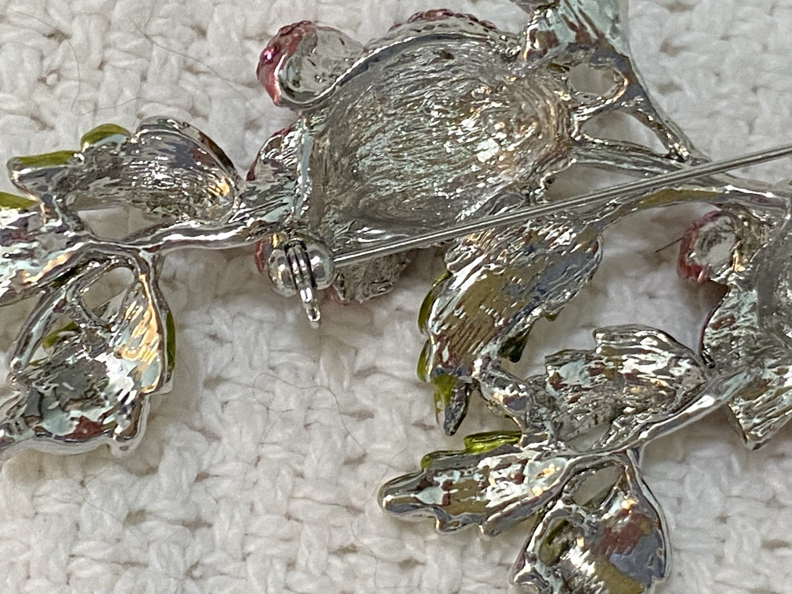 Stunning Large Vintage Pink And Green Sparkling Stones Flower Brooch