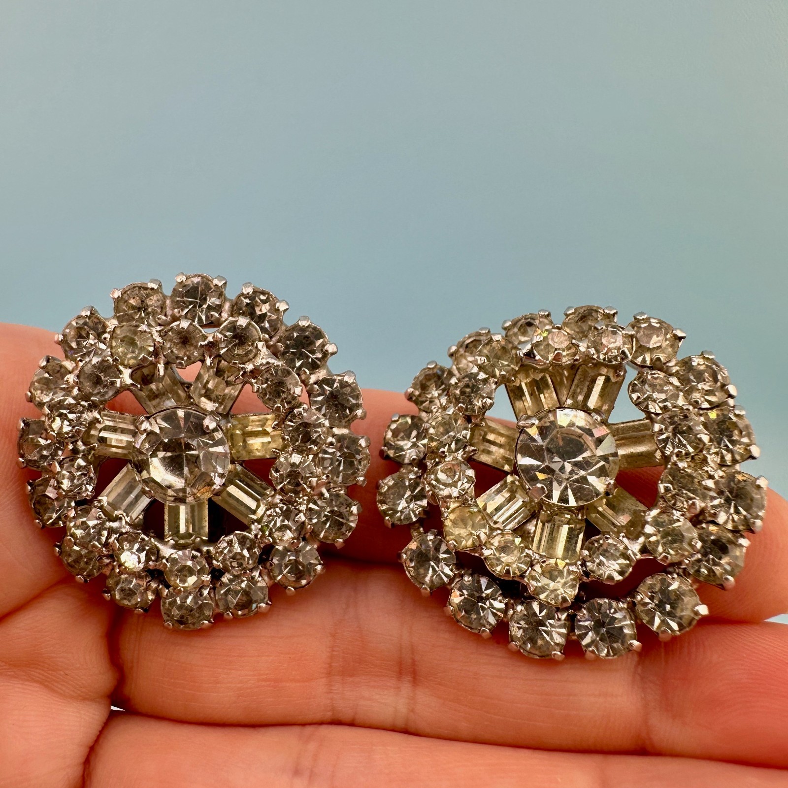 Vintage Rhinestone Earrings Silver Tone Round Cluster Baguette Prong Set Clip On