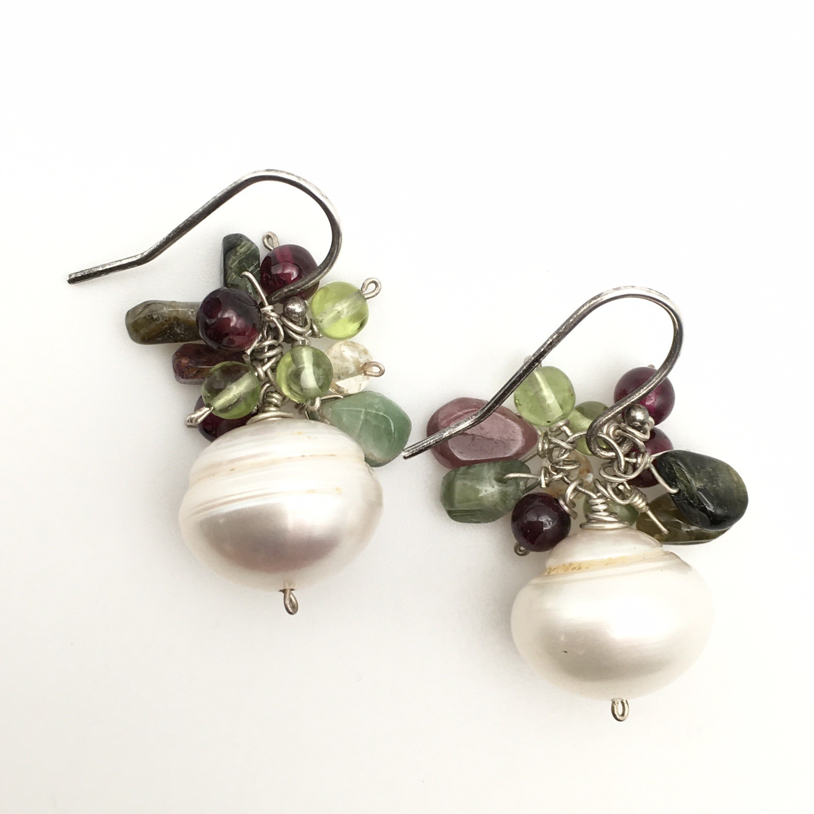 Vintage Sterling Silver Pearl Garnet Green Stone Hook Dangle Earrings 925 8g #92
