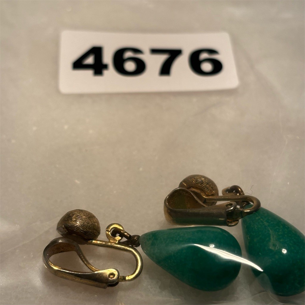 Vintage Teardrop Dangle Clip-On Earrings Green Textured Ball Gold Tone