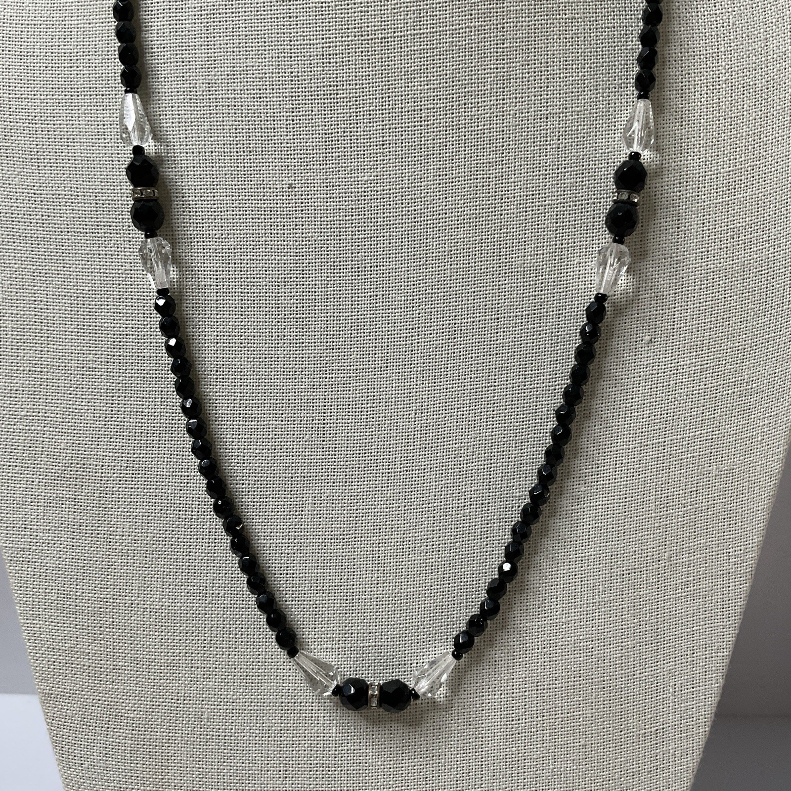 Vintage Art Deco Black Clear Glass Necklace Faceted Bead 26” Crystal Accent