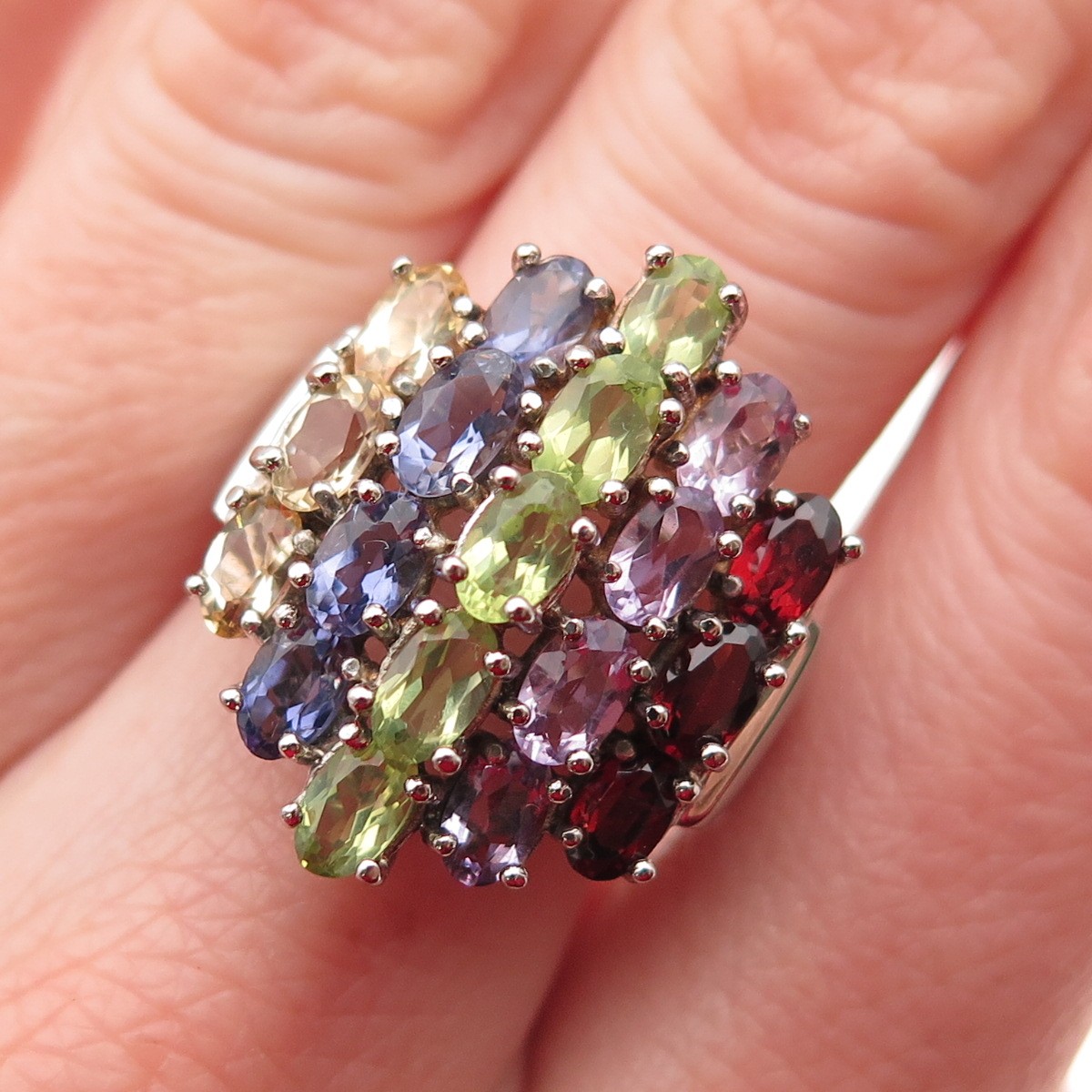 925 Sterling Silver Vintage Citrine Iolite Peridot Amethyst & Garnet Ring Size 7