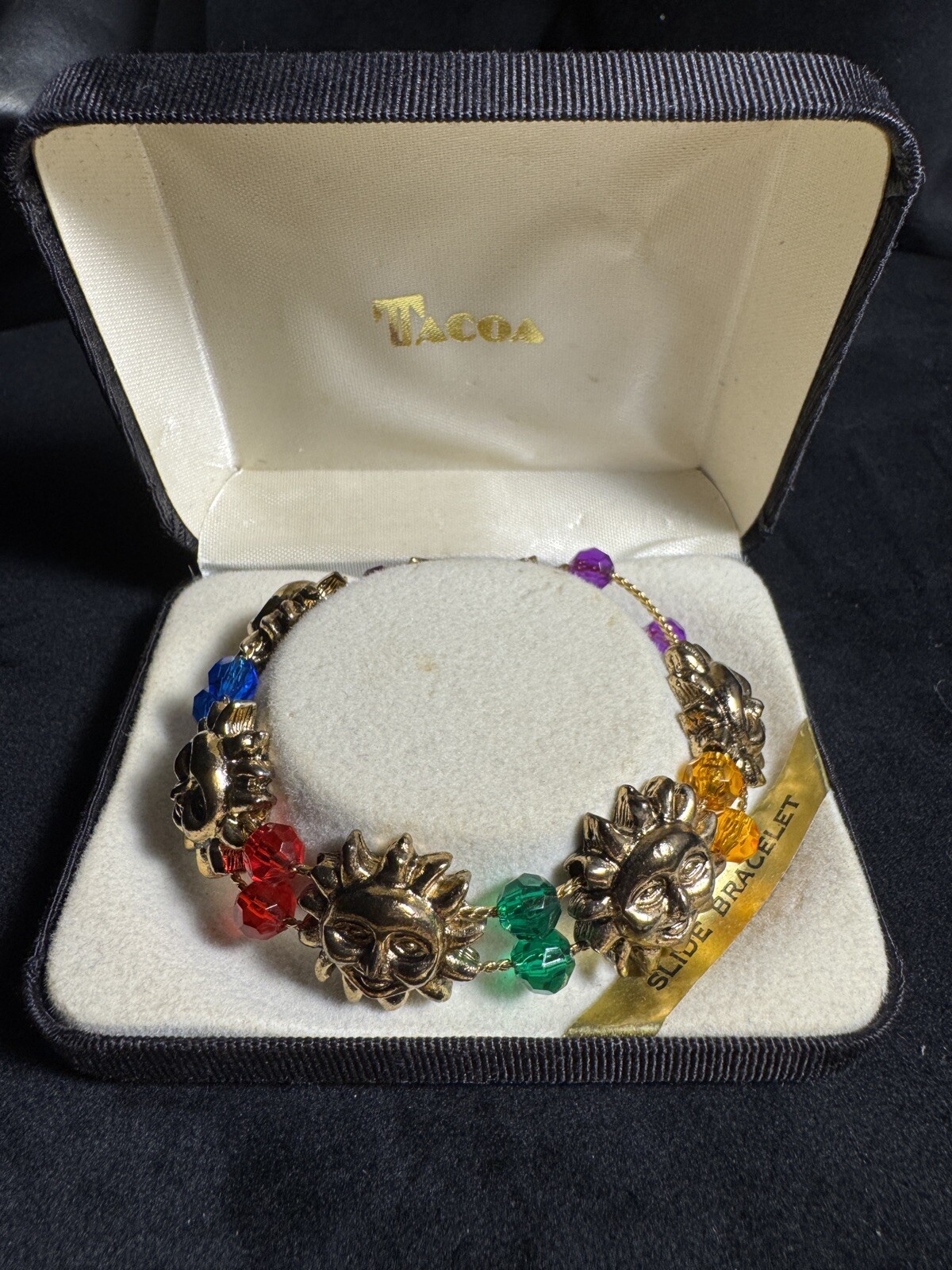 Meier & Frank Tacoa Vintage Metal Sun Charm Rainbow Slide Bracelet Original Box