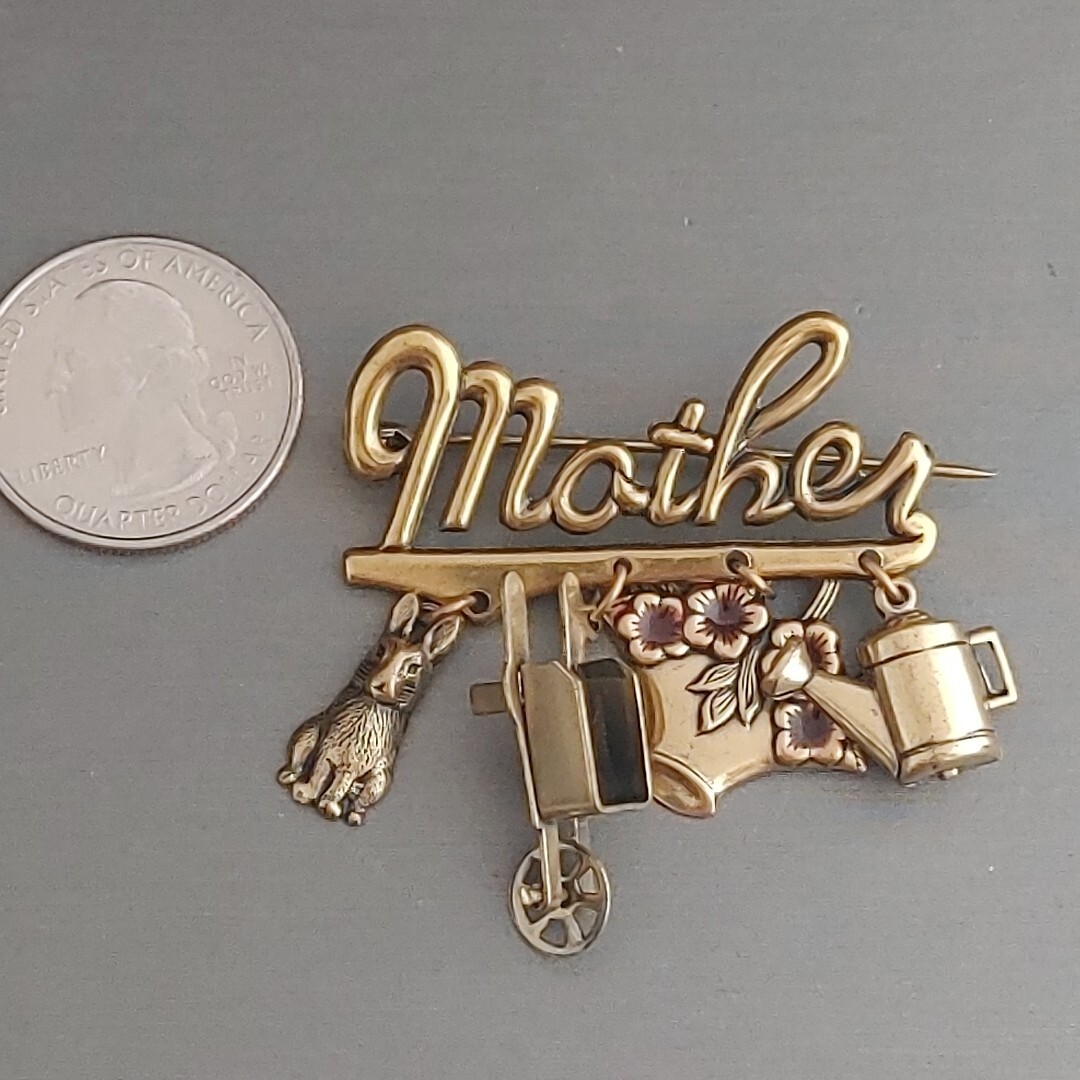 Vintage Brass Charm MOTHER Brooch Pin Gardening Bunny Wheelbarrow Flowers 1.75”