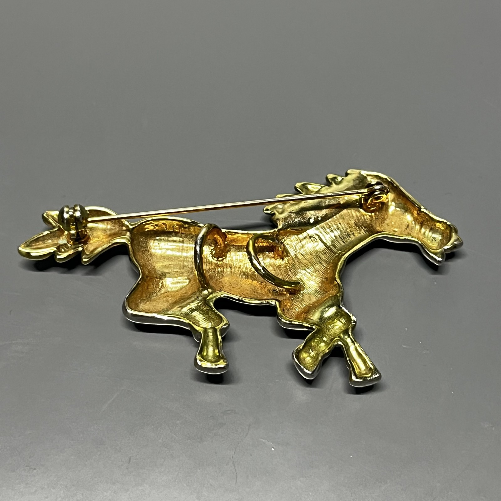 Vintage Running Horse Brooch Pin Silver Tone Gold Mane Tail Animal Jewelry 3.5″