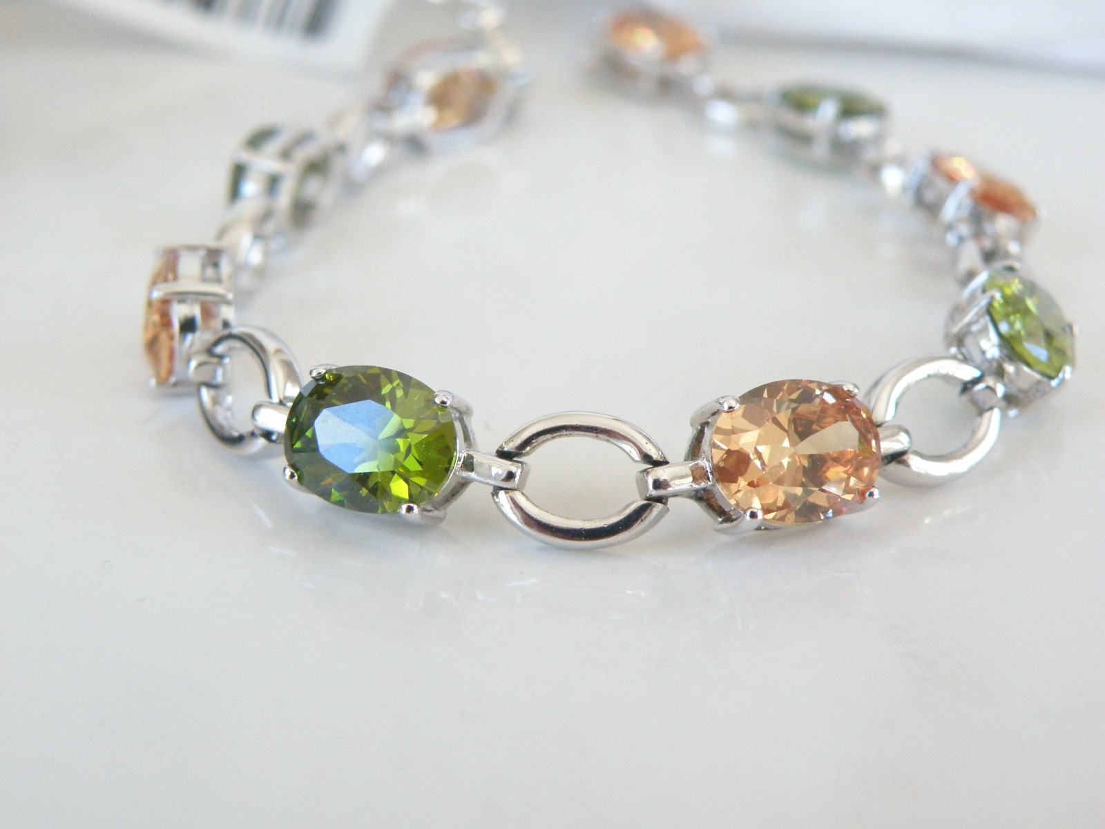Vintage Sterling Silver 925 Gemstone Tennis Station Link Bracelet 7.5″