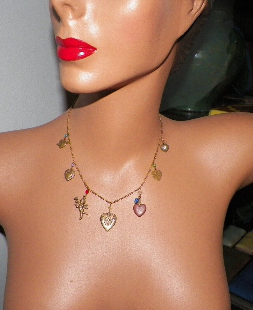 VINTAGE GLASS WORKS STUDIO HEARTS & CHERUB CHARMS NECKLACE 16″