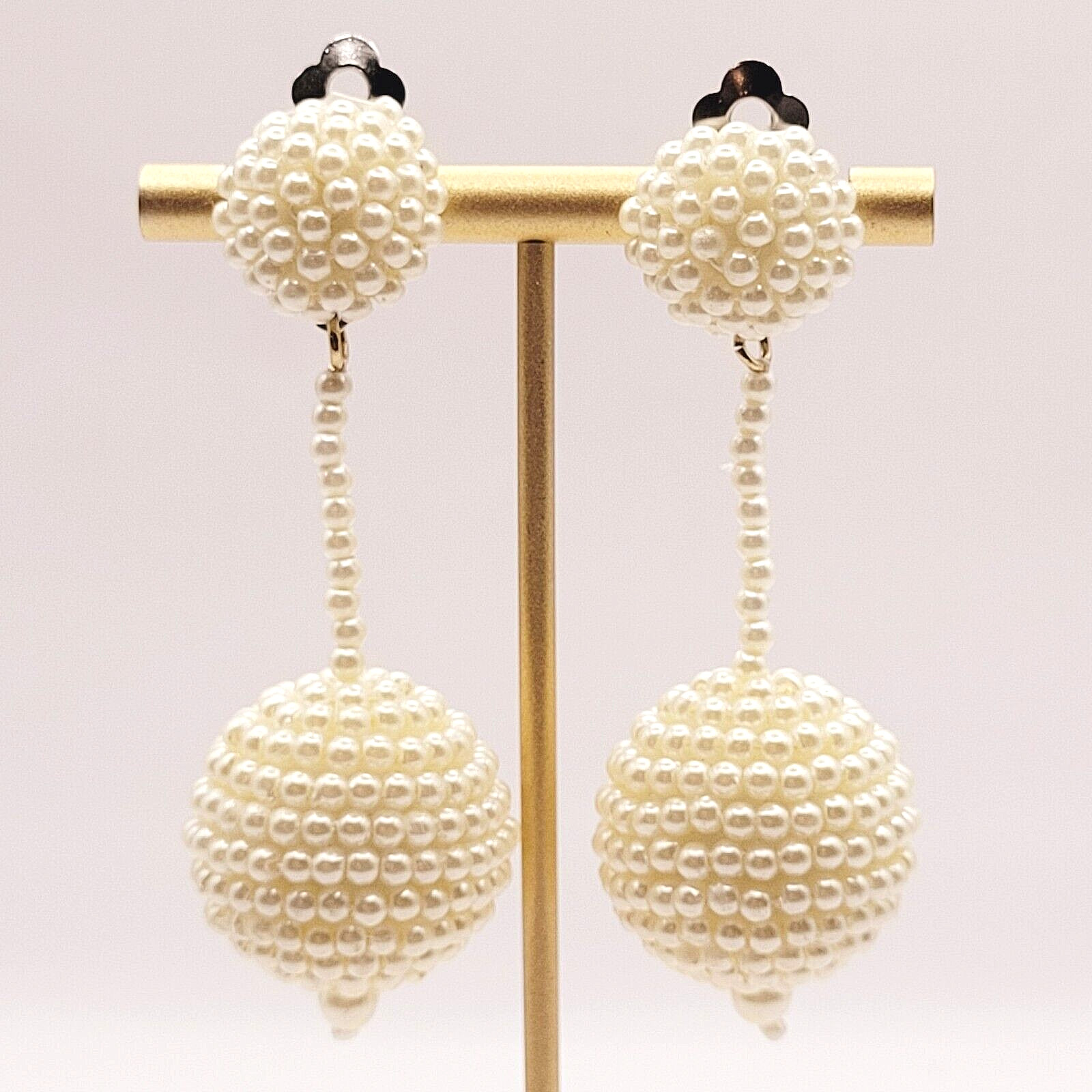 Unique Ball Drop Dangle with Faux Pearl Long Beaded Costume Clip On Earrings