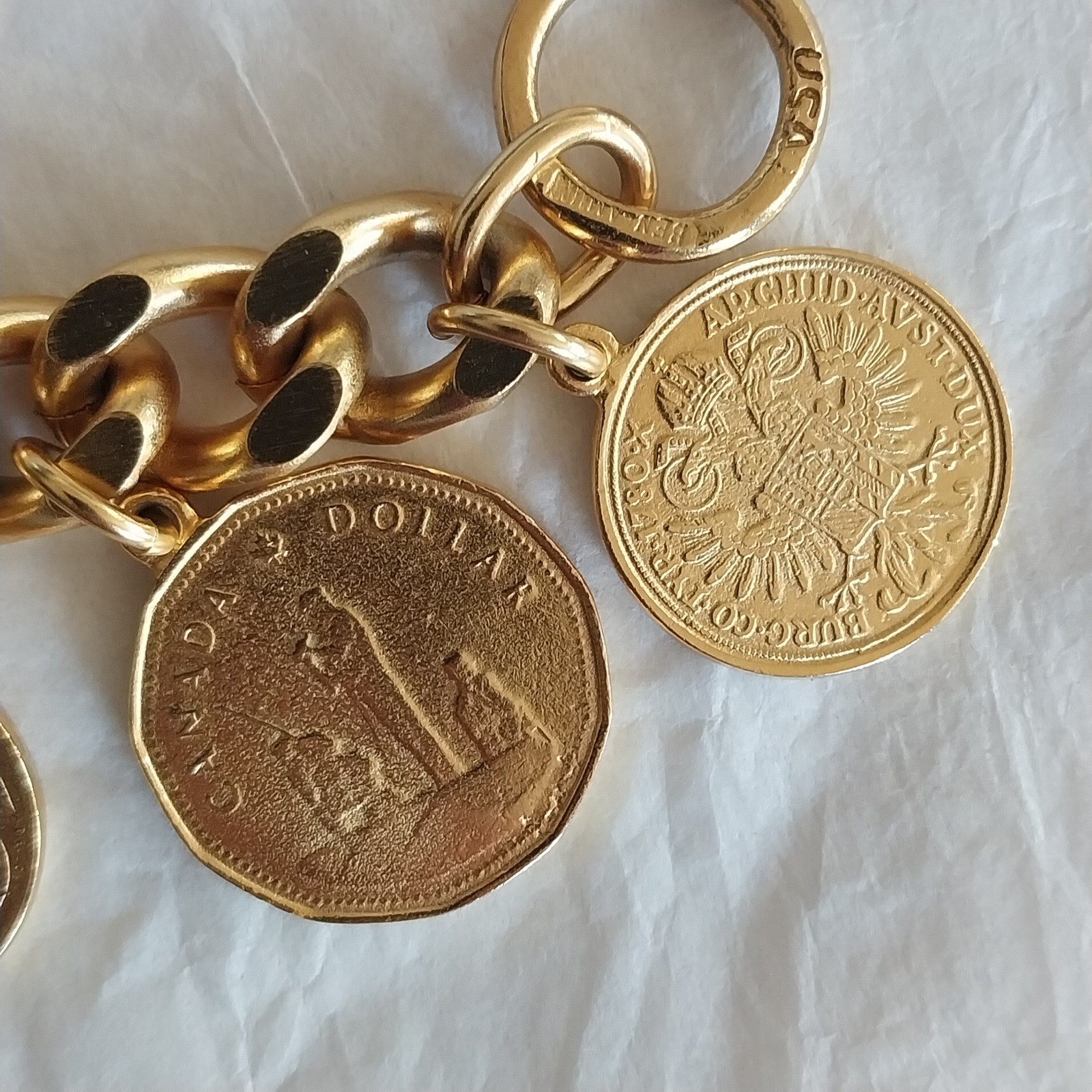 Vtg Ben Amun Gold Tone Coin Charm Chain Toggle Bracelet 7.5” Statement Estate