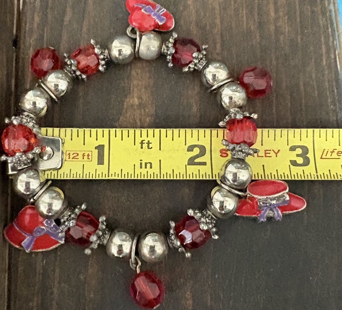 Vintage Red Hat Society Stretch Red and Silver Beaded Charm Bracelet