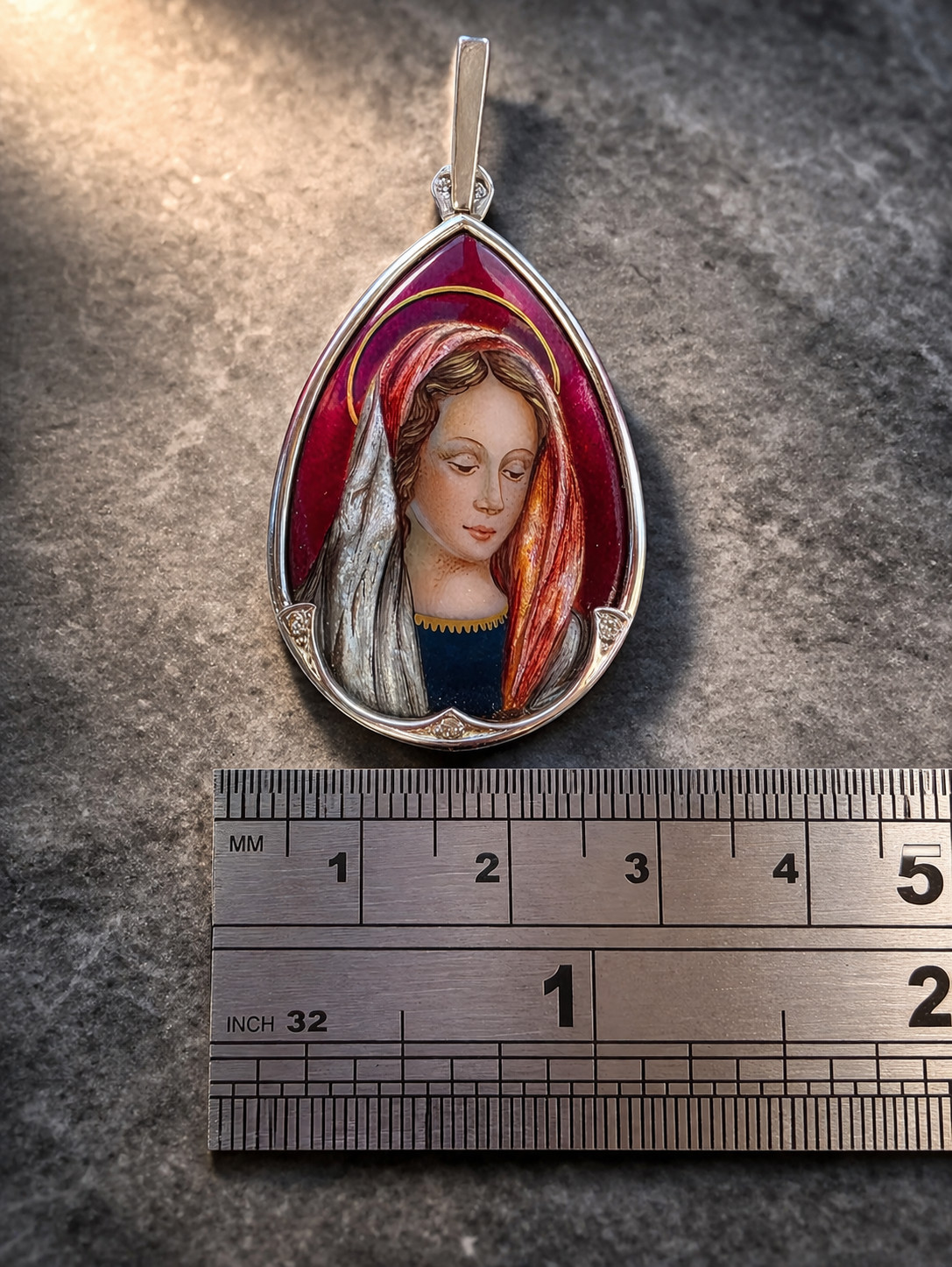 Fine Antique Art Nouvea 18K 18CT Gold Enamel Virgen Mary Medal Pendant Ca XIX