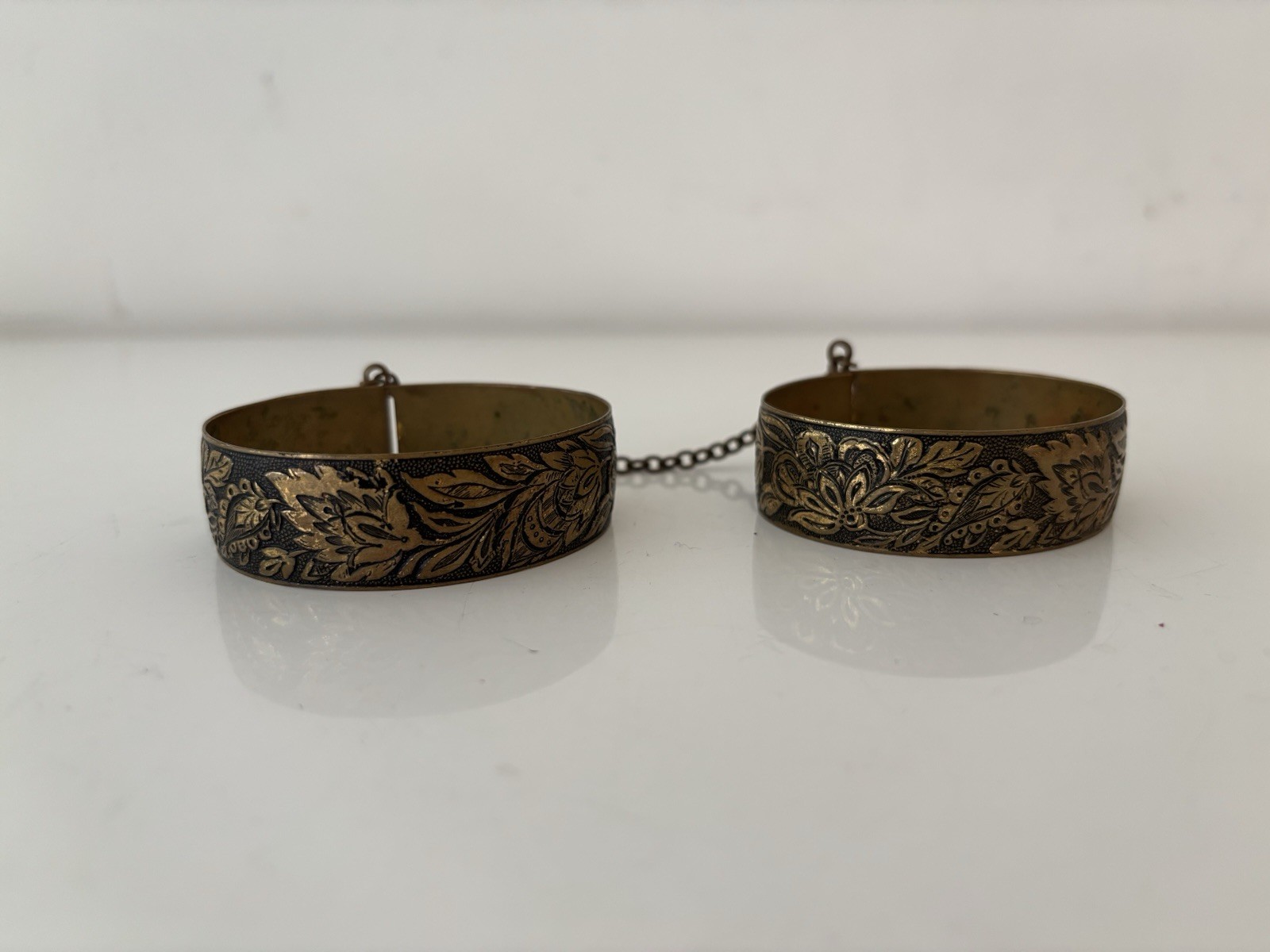 PAIR – Victorian Brass Bracelets Etched Floral Design Bangle Hinged Together