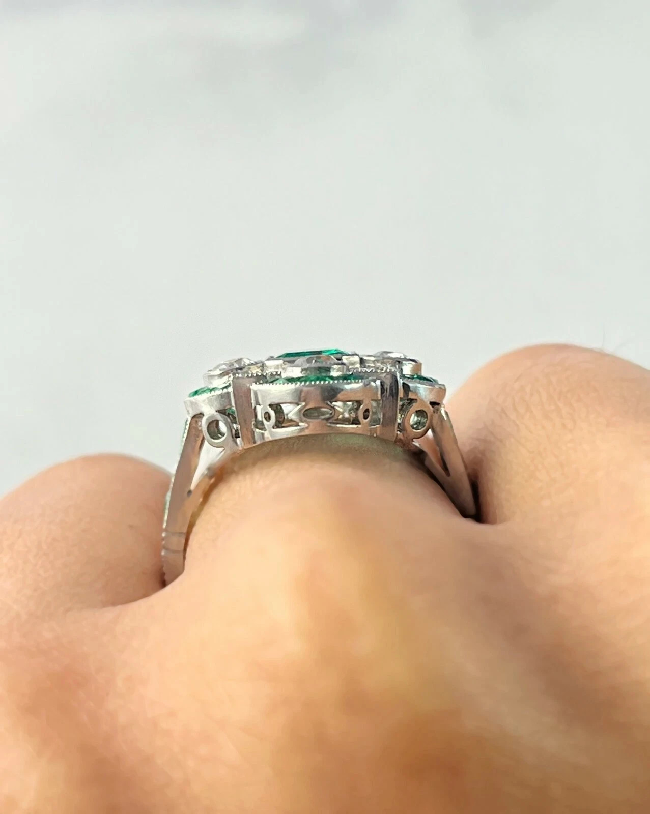 Art Deco Style Emerald and Lab Created Diamond Engagement 14K White Gold FN Ring