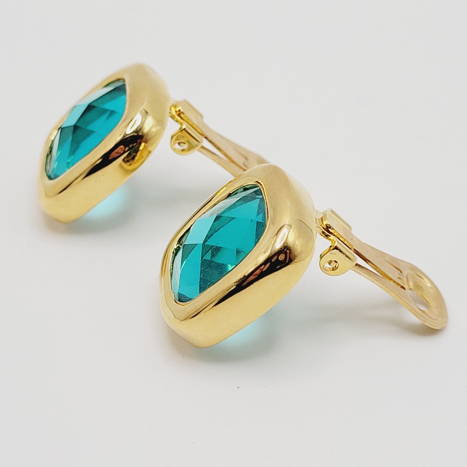 Aqua Light Blue Green Faceted Glass Soft Square Gold Tone Bezel Clip On Earrings