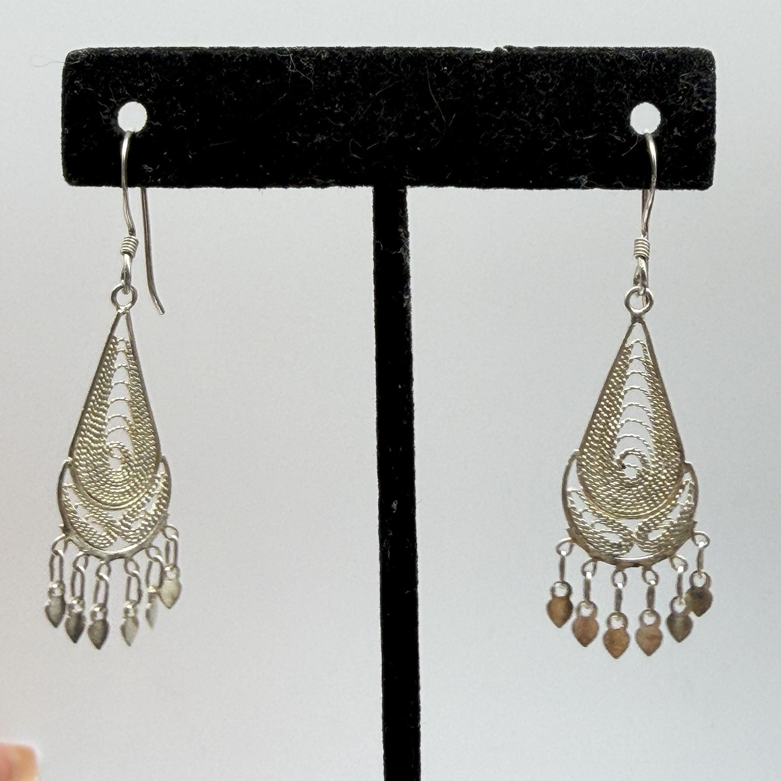 Vtg Sterling 925 Spun Silver Earrings Filigree Dangle Drop Cannetille Chandelier