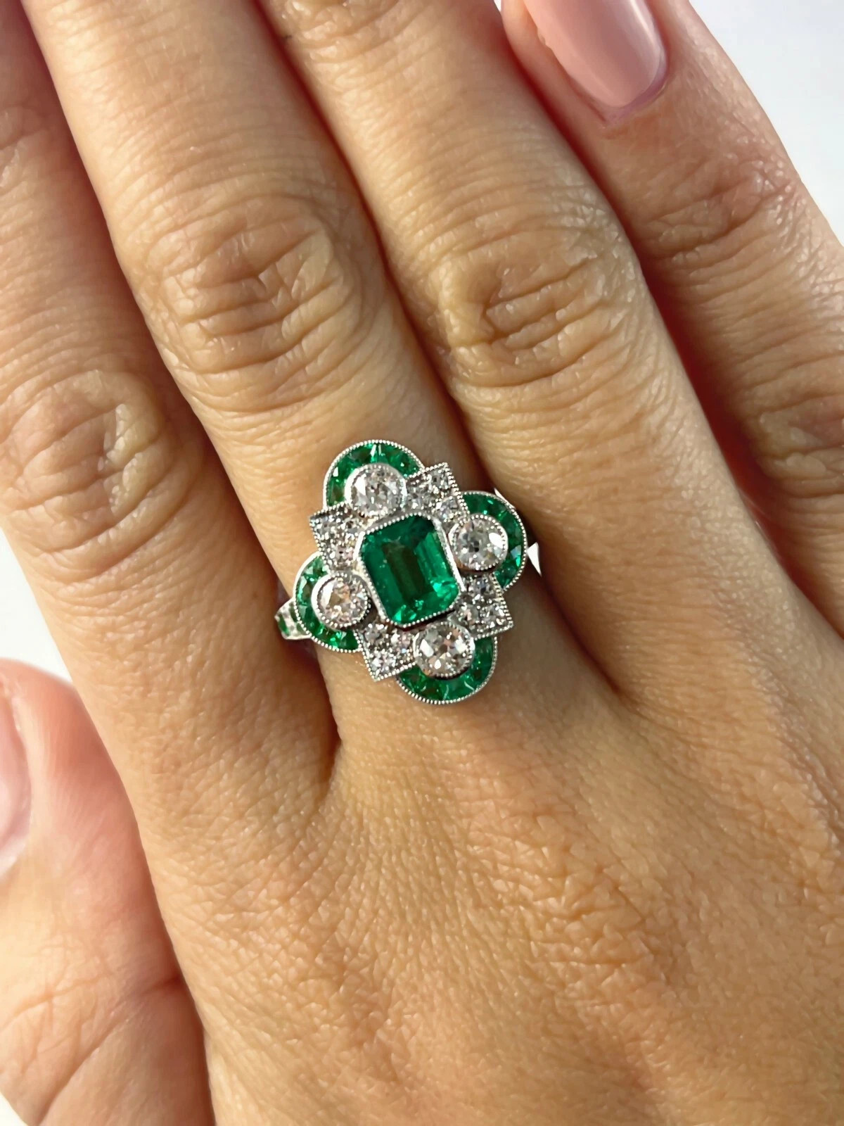 Art Deco Style Emerald and Lab Created Diamond Engagement 14K White Gold FN Ring