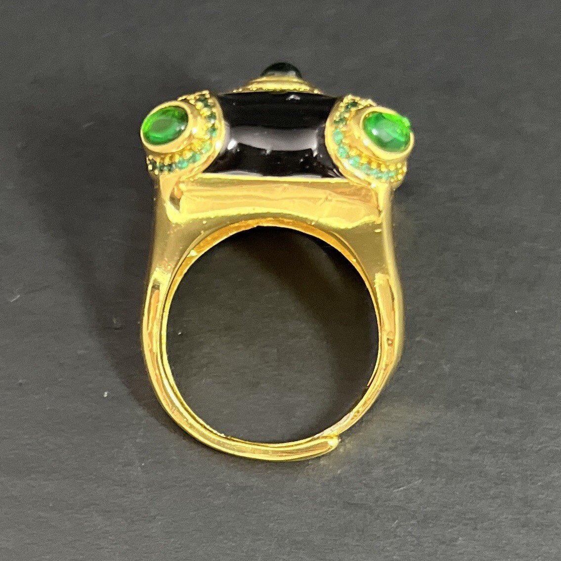 Gripoix Glass Cocktail Ring Gold Tone Black Enamel Green Cabochon Adjustable 6-9