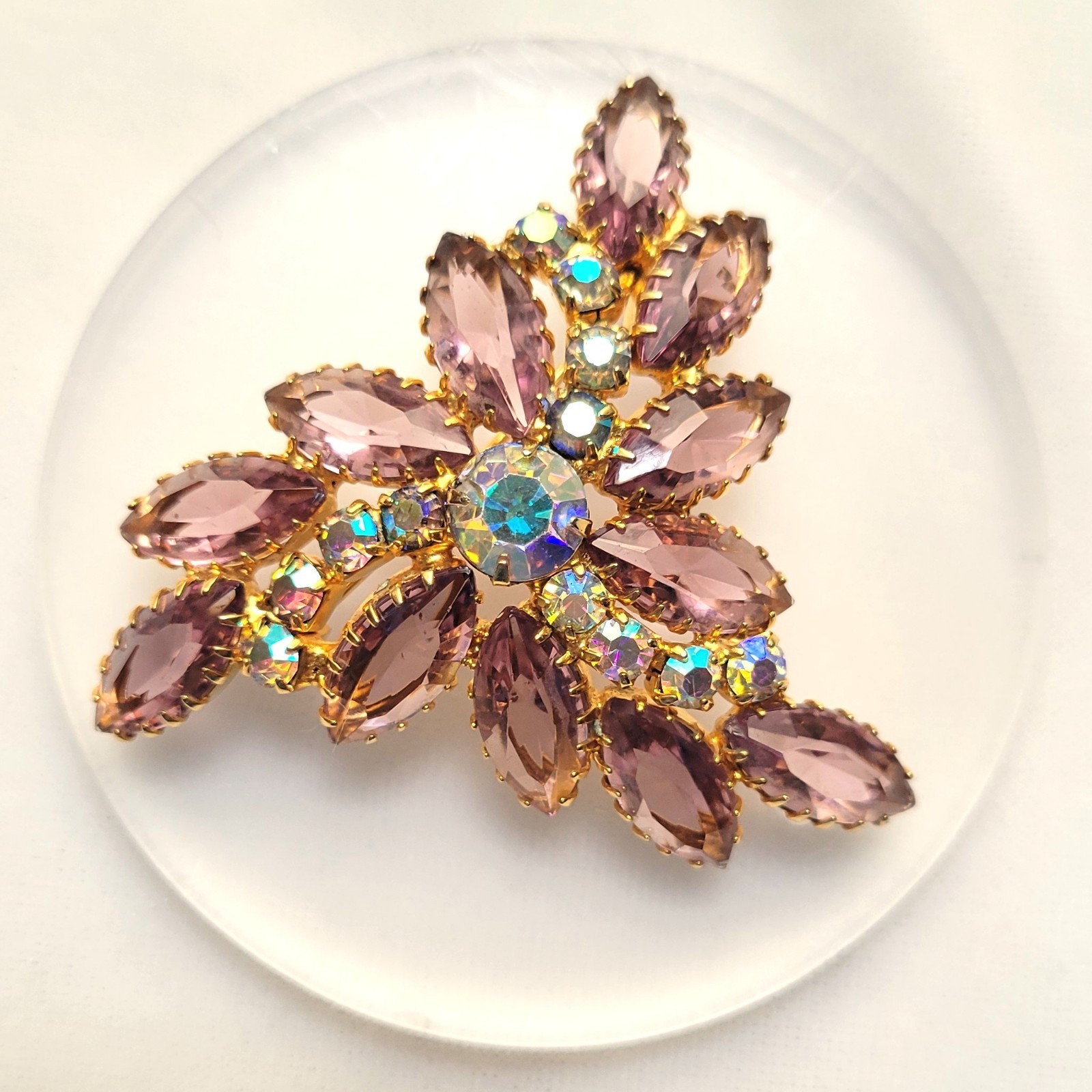 Vintage Lavender Navette Rhinestone Floral Spray Brooch AB Gold Tone 1960s