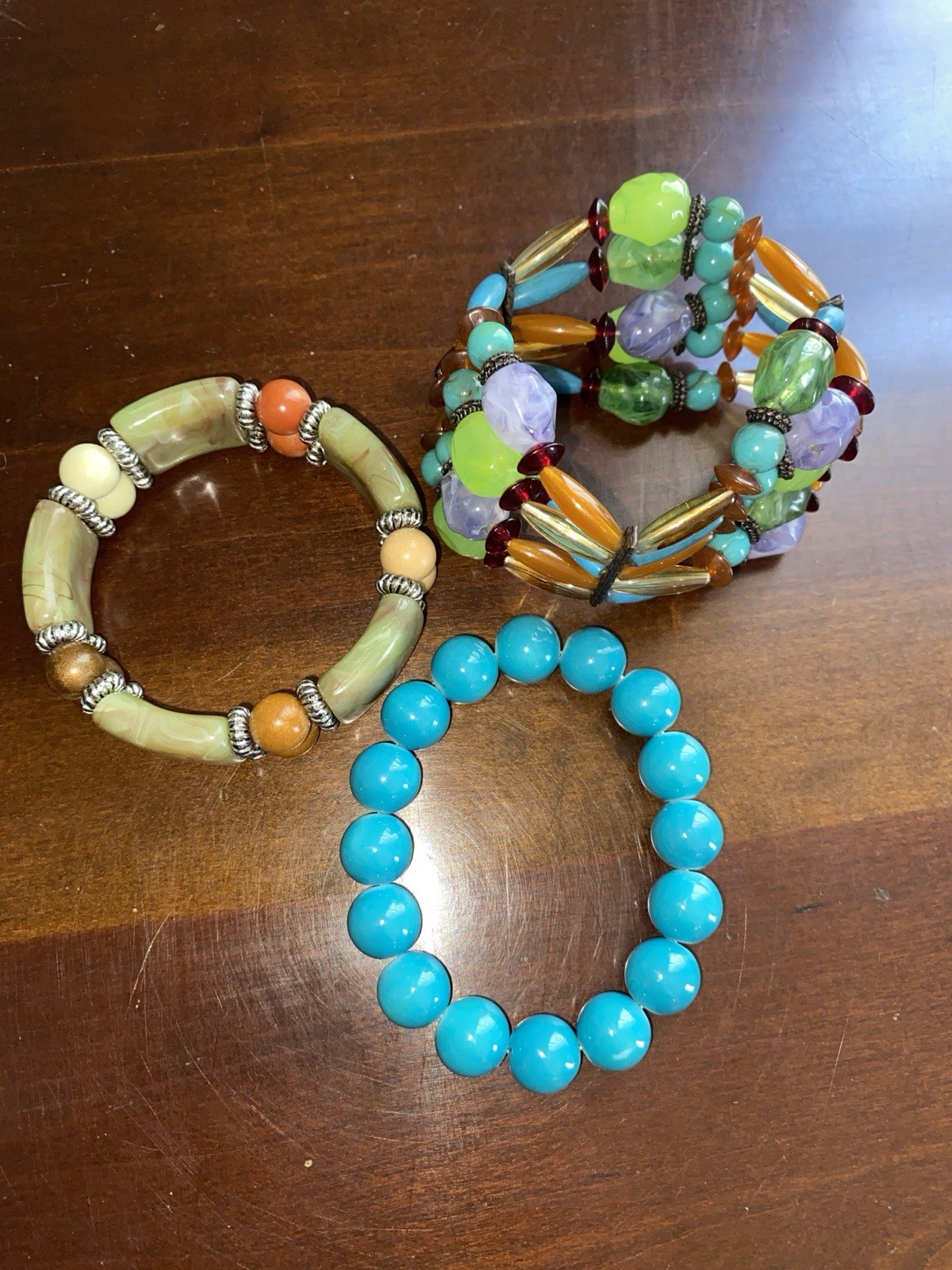Vintage Beaded Blue Marble, Green Earthtones & Multi Colors Stretch Bracelets- 3