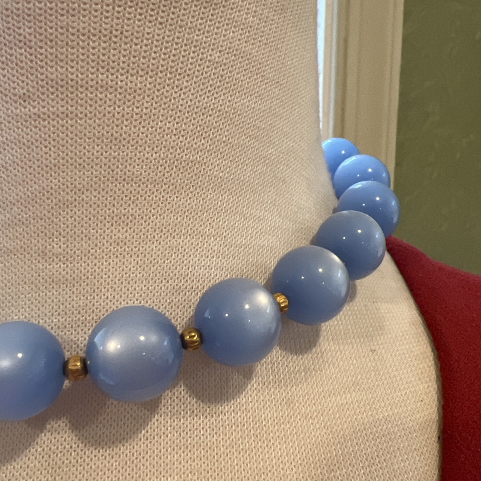 ⁠Vintage Blue Moonglow Lucite Bead 15”-17”Necklace Chunky J-Hook Choker