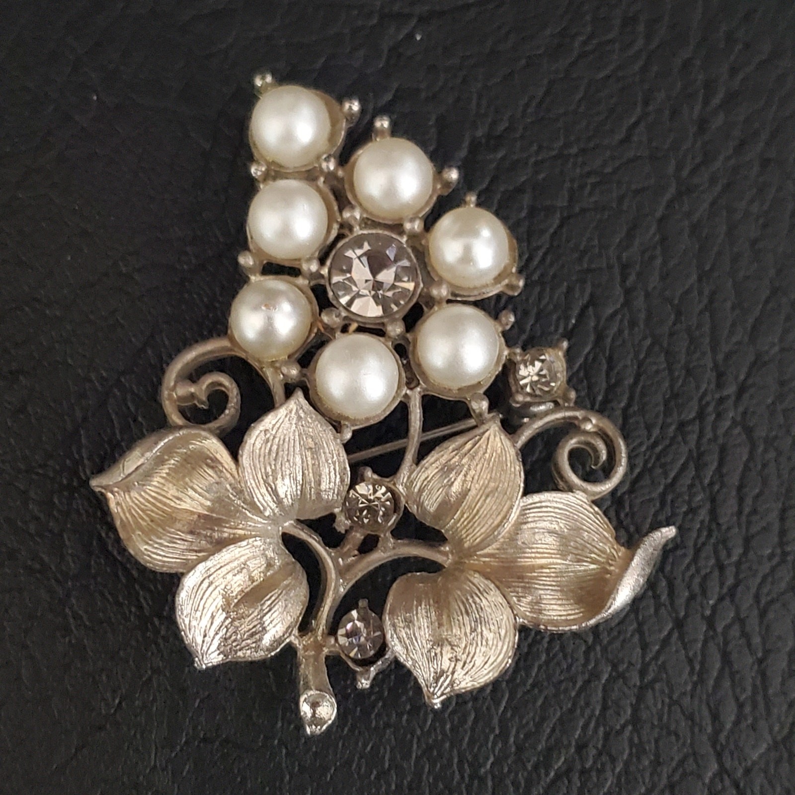 Vintage Grape Cluster Brooch Silver Tone with Rhinestones and Faux Pearls