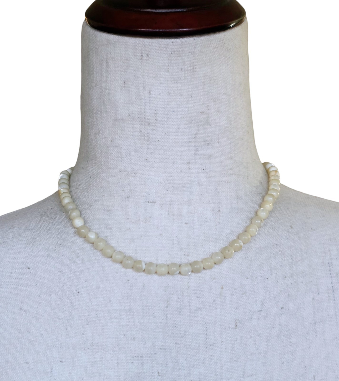 Vintage Mother of Pearl Beaded Strand Necklace 16″ Cream White MOP Choker Brass