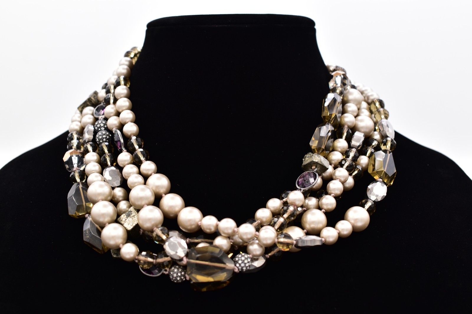 Stella & Dot Multi-Strand Pearl Crystal Statement Necklace Chunky Y2K BinBL