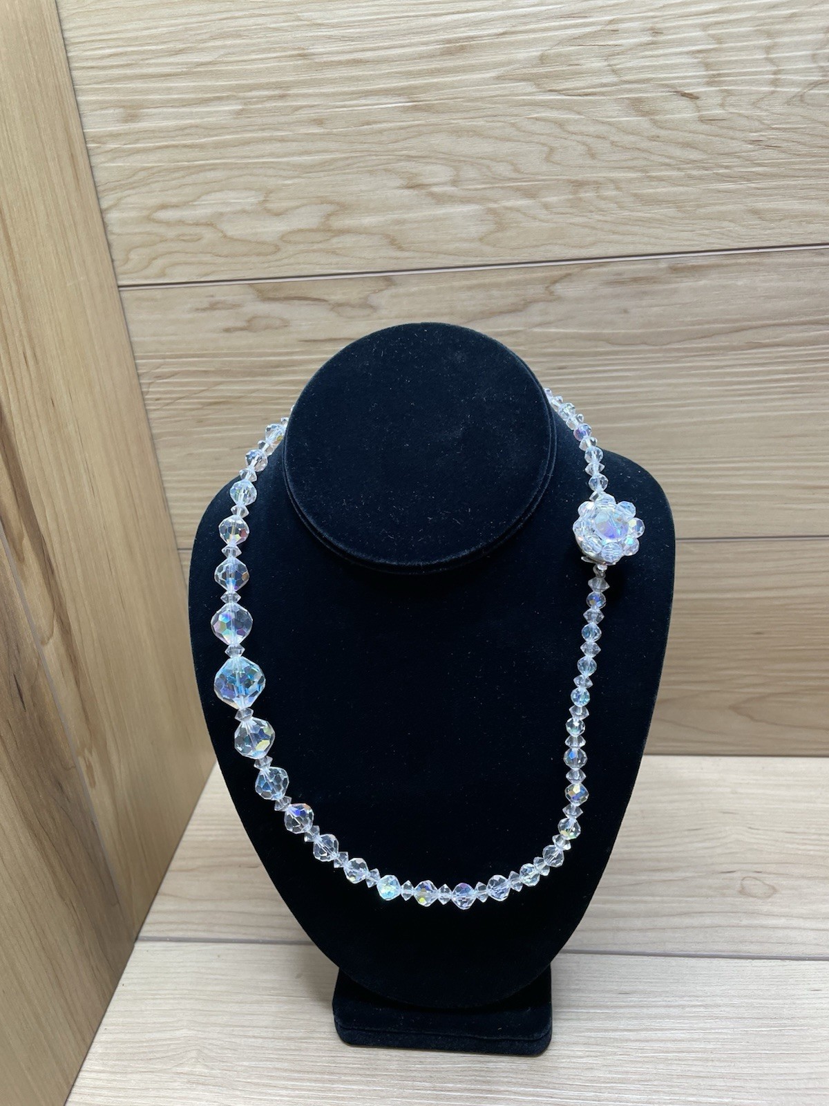 Vtg 1950s Aurora Borealis Crystal Bead Necklace AB Faceted Glass Floral Cluster