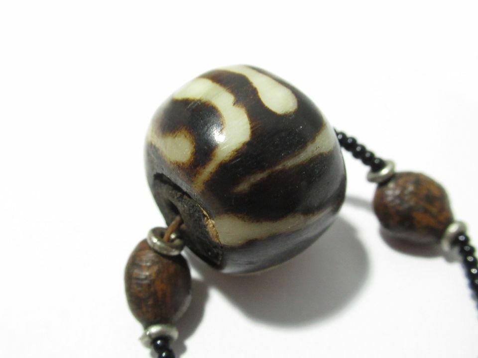 VINTAGE TRIBAL SEED AND FOCAL BEAD NECKLACE PENDANT DZI BROWN WHITE SWIRL