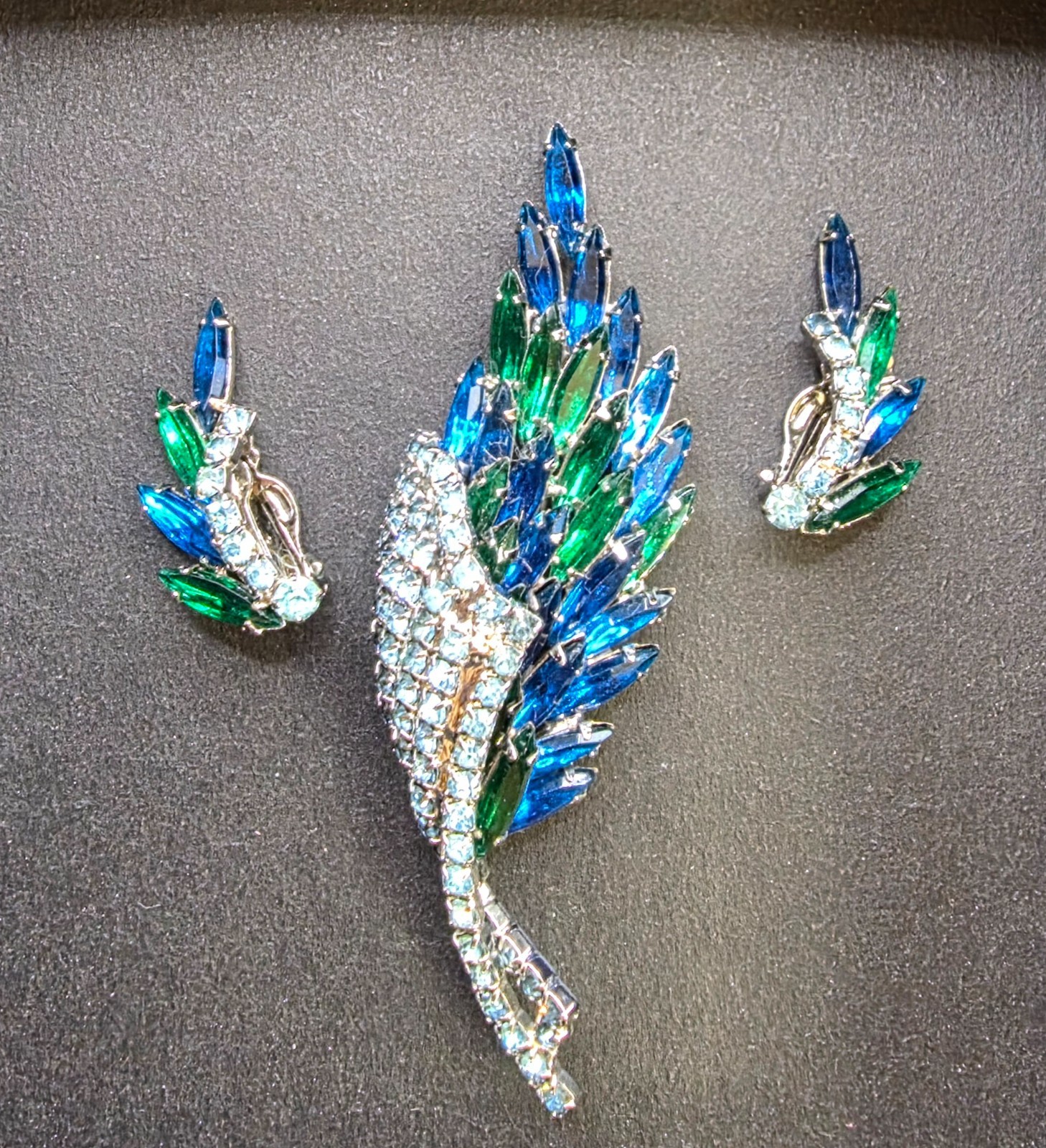 Vintage Blue Green Rhinestone Brooch Clip Earrings Set Large Statement AB Glam