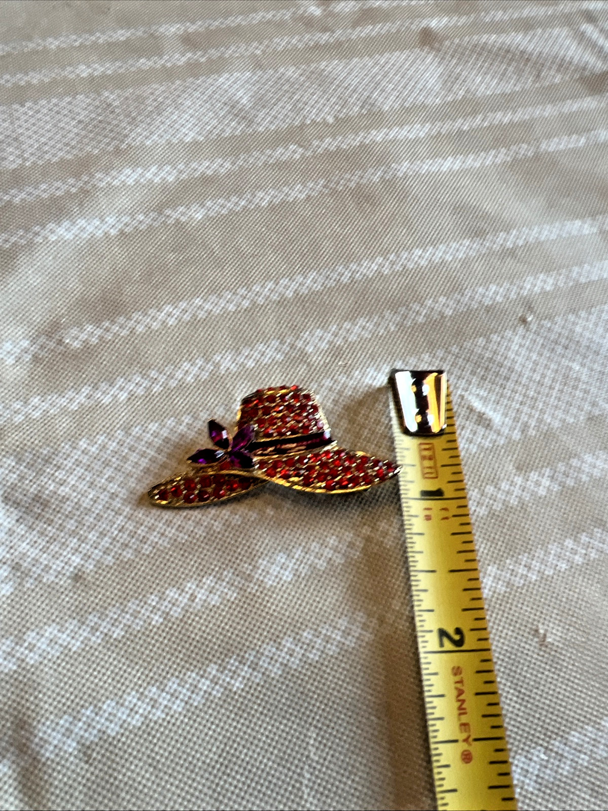 VTG Red Hat Brooch MONET Gold Tone Metal Red Crystals Purple Stones Enamel